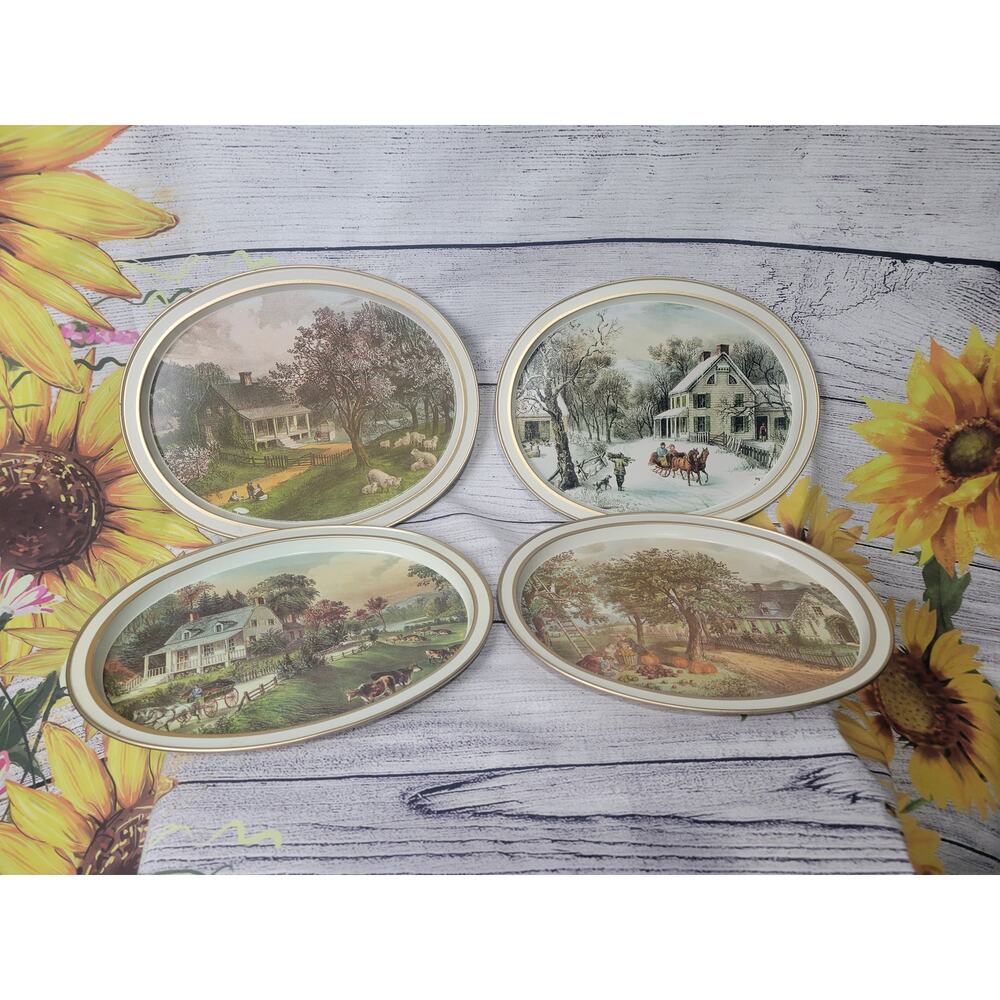 Vintage Currier and Ives Oval Metal Serving Trays 1868
